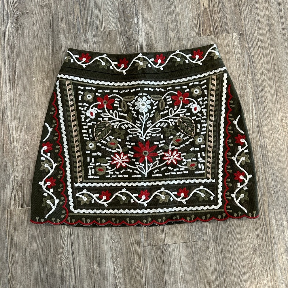 Francesca's Olive Green Embroidered Floral Mini Skirt with Red & White Detail